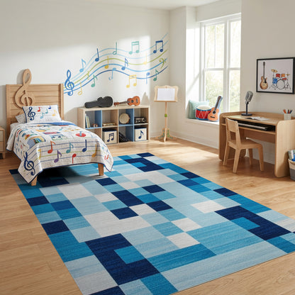 Modern Navy White Geometric Blocks Rug