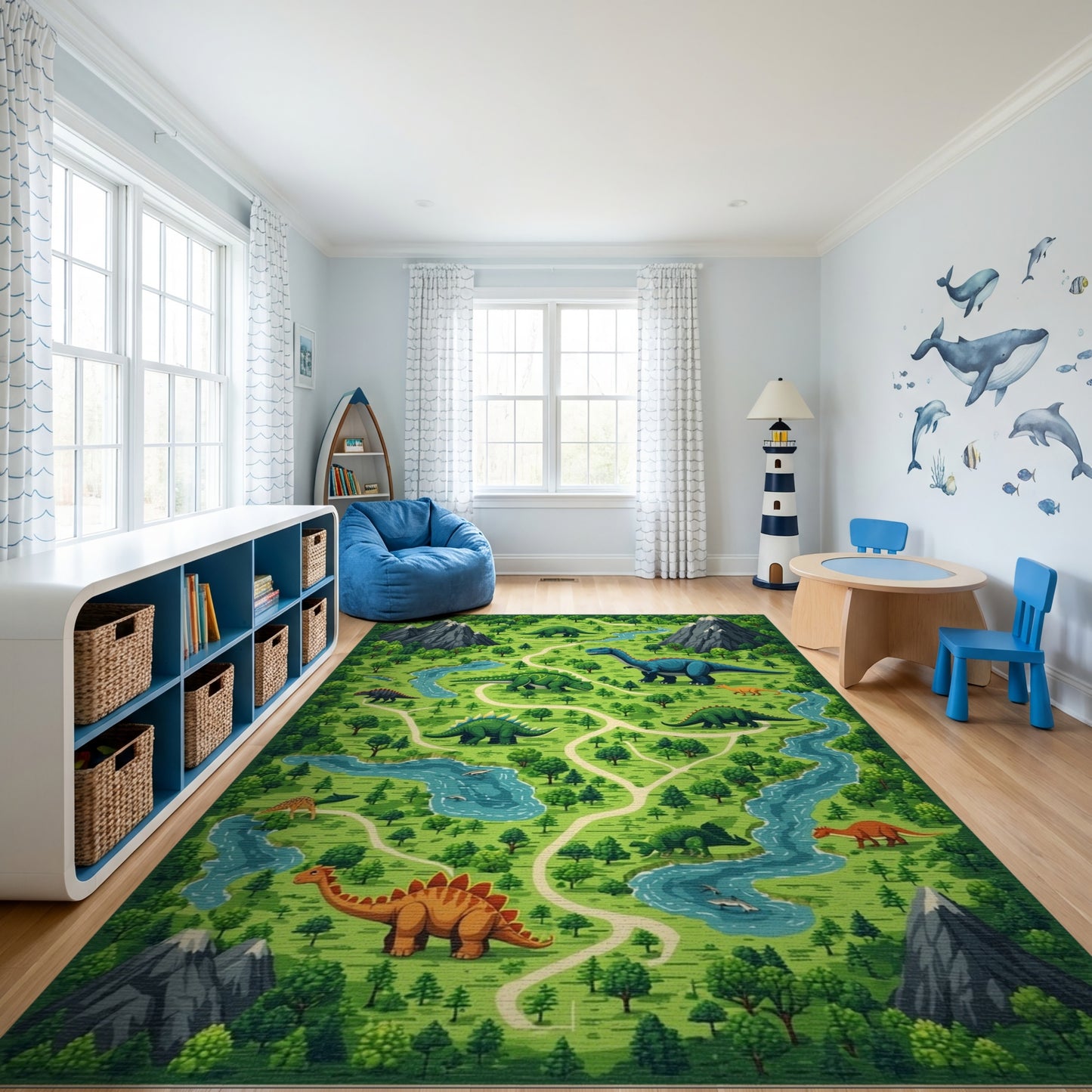 Whimsical Dinosaur Mountain Forest River Rug