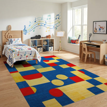 Bold Red Yellow Blue Geometric Shapes Rug