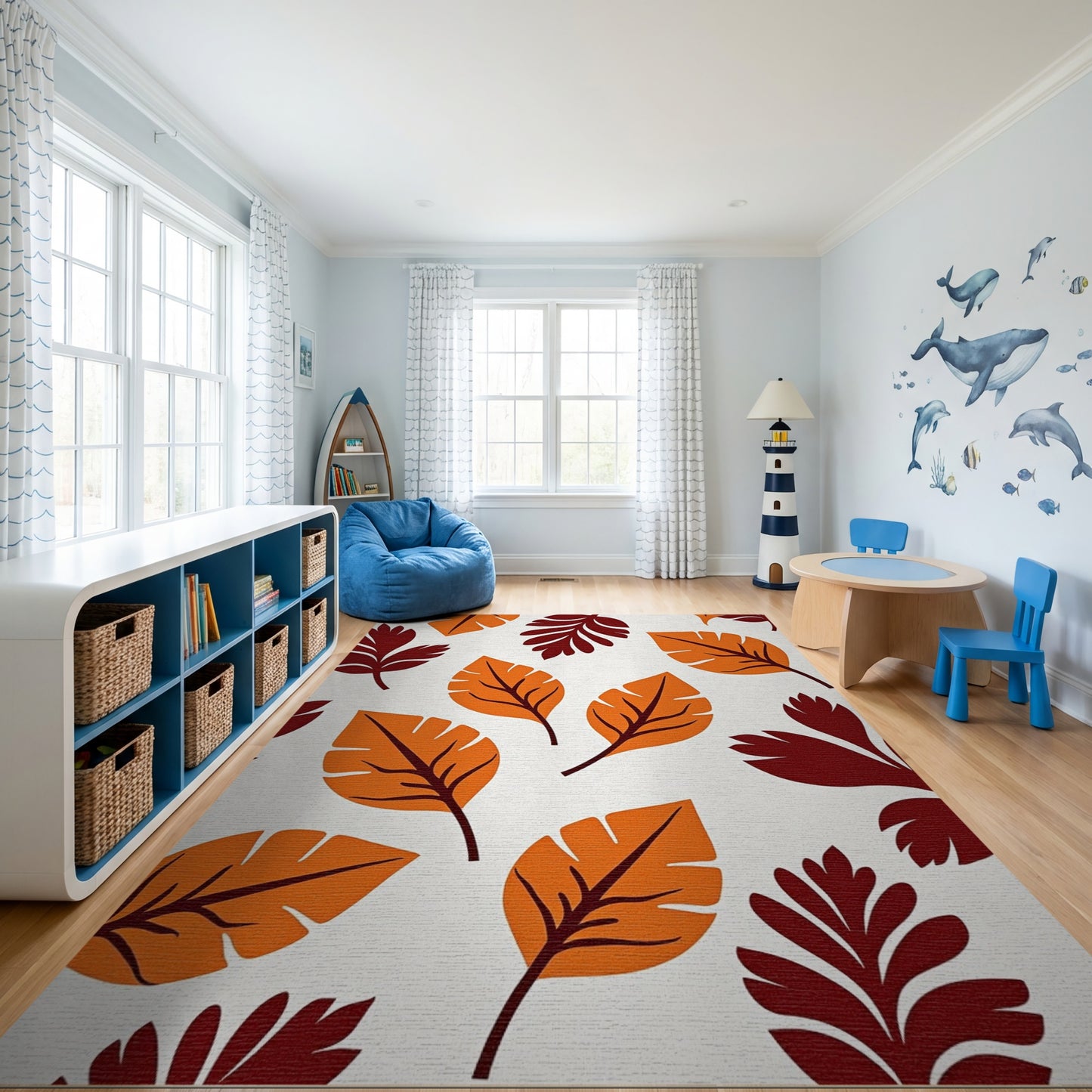 Bold Orange Maroon Tropical Leaves Rug