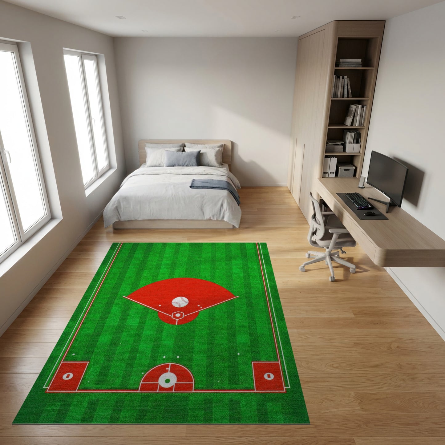 Green Striped Baseball Diamond Field Rug