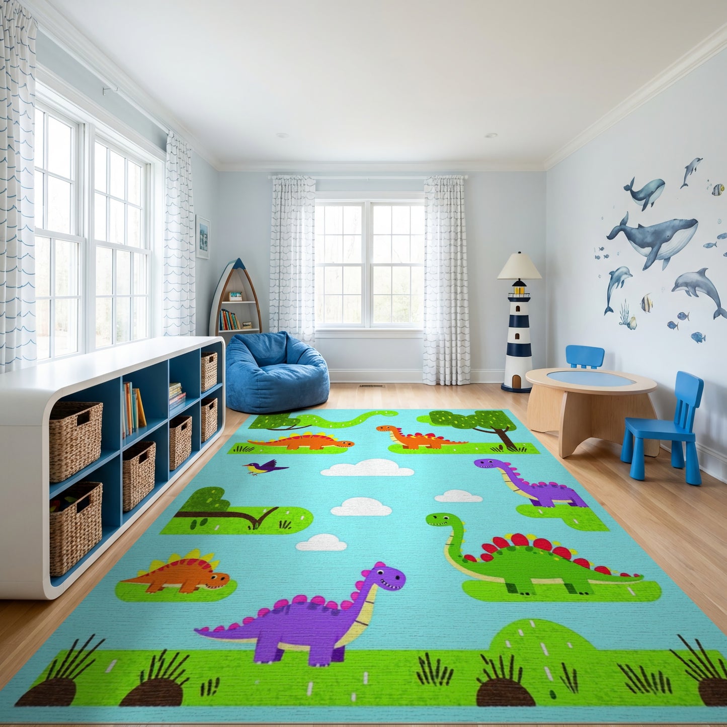 Whimsical Colorful Dinosaurs Trees Clouds Rug