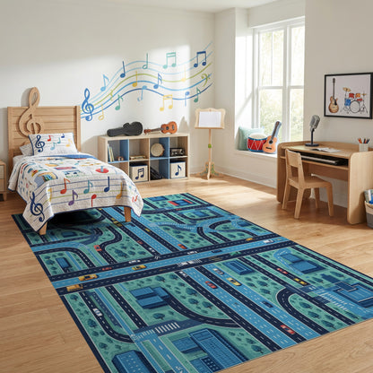 Stylized Teal City Road Map Rug