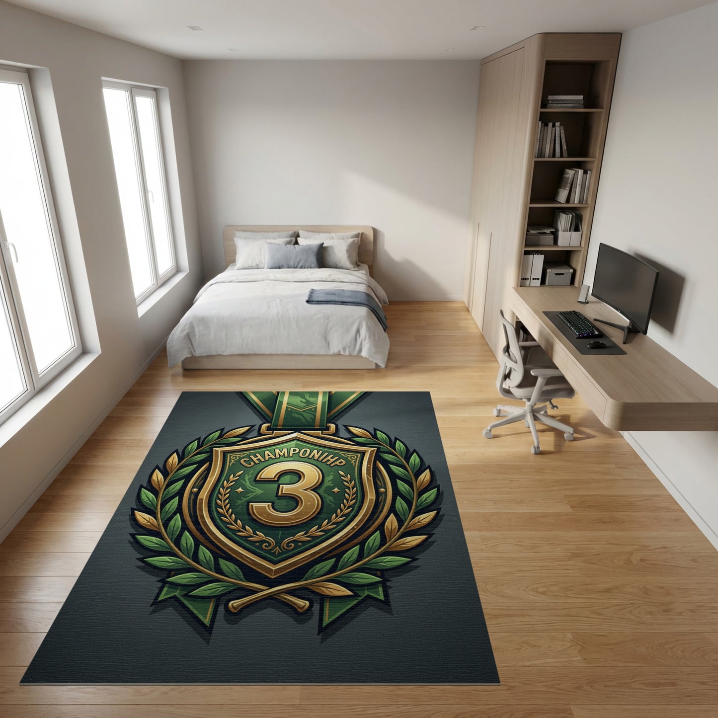 Ornate Green Gold Champion 3 Shield Rug