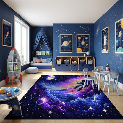 Vibrant Astronaut Nebula Stars Moon Rug