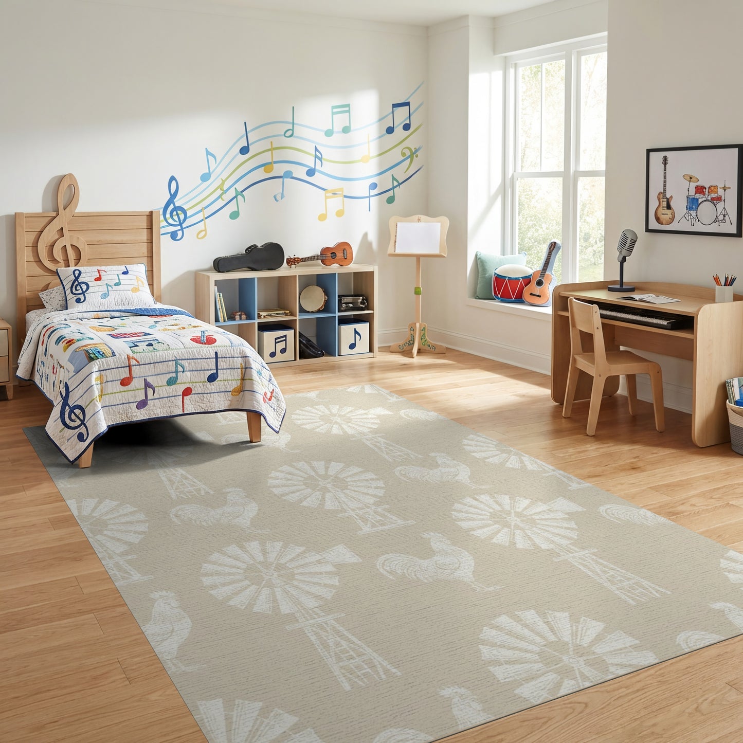 Farmhouse Windmill Rooster Pattern Rug