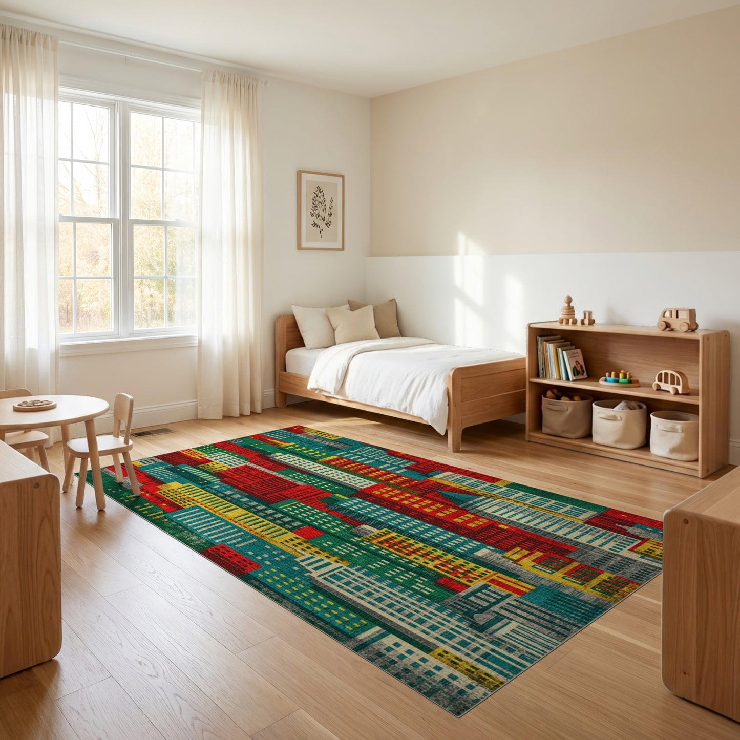 Vibrant Red Teal City Skyline Rug