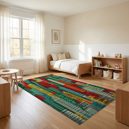 Vibrant Red Teal City Skyline Rug