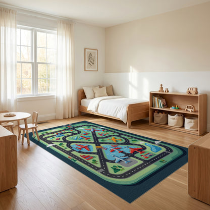 Playful Green Airplanes Roads City Rug