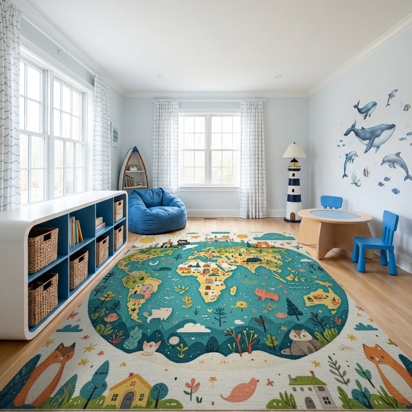 Whimsical Cats World Map Globe Rug