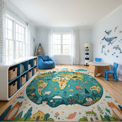 Whimsical Cats World Map Globe Rug
