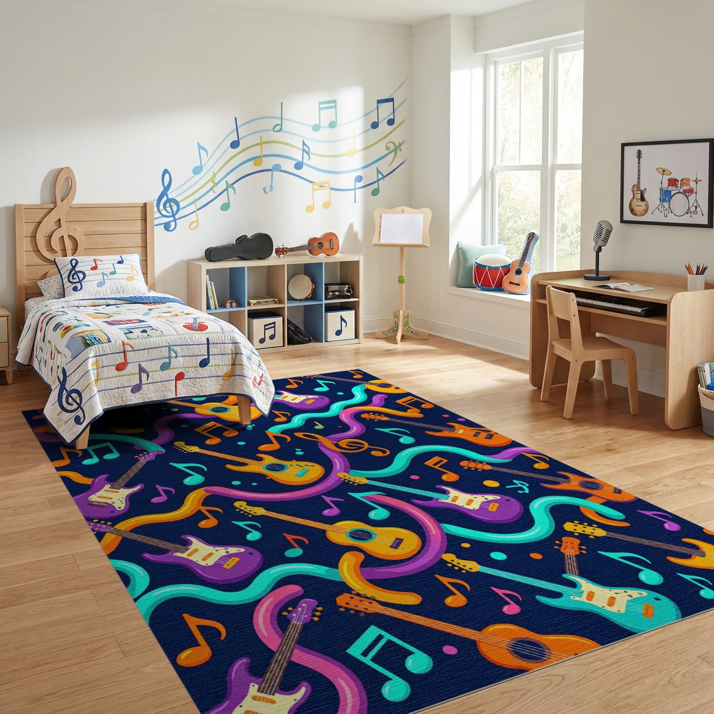 Vibrant Guitar Notes Wavy Swirls Rug