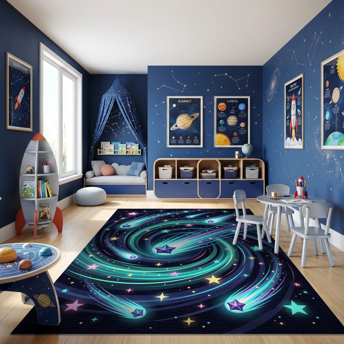 Swirling Neon Shooting Stars Galaxy Rug