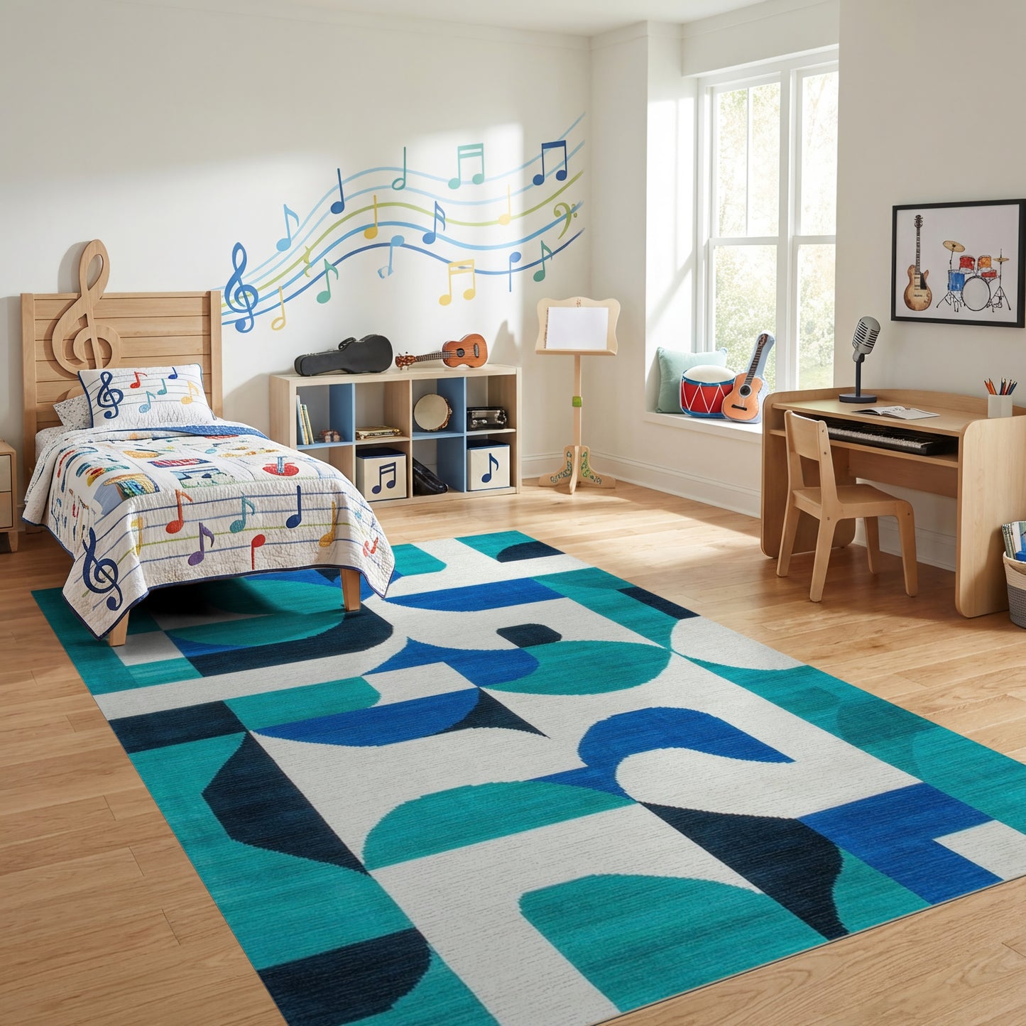 Teal Navy Abstract Geometric Rug