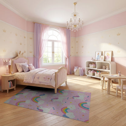 Whimsical Pink Unicorn Rainbow Stars Rug