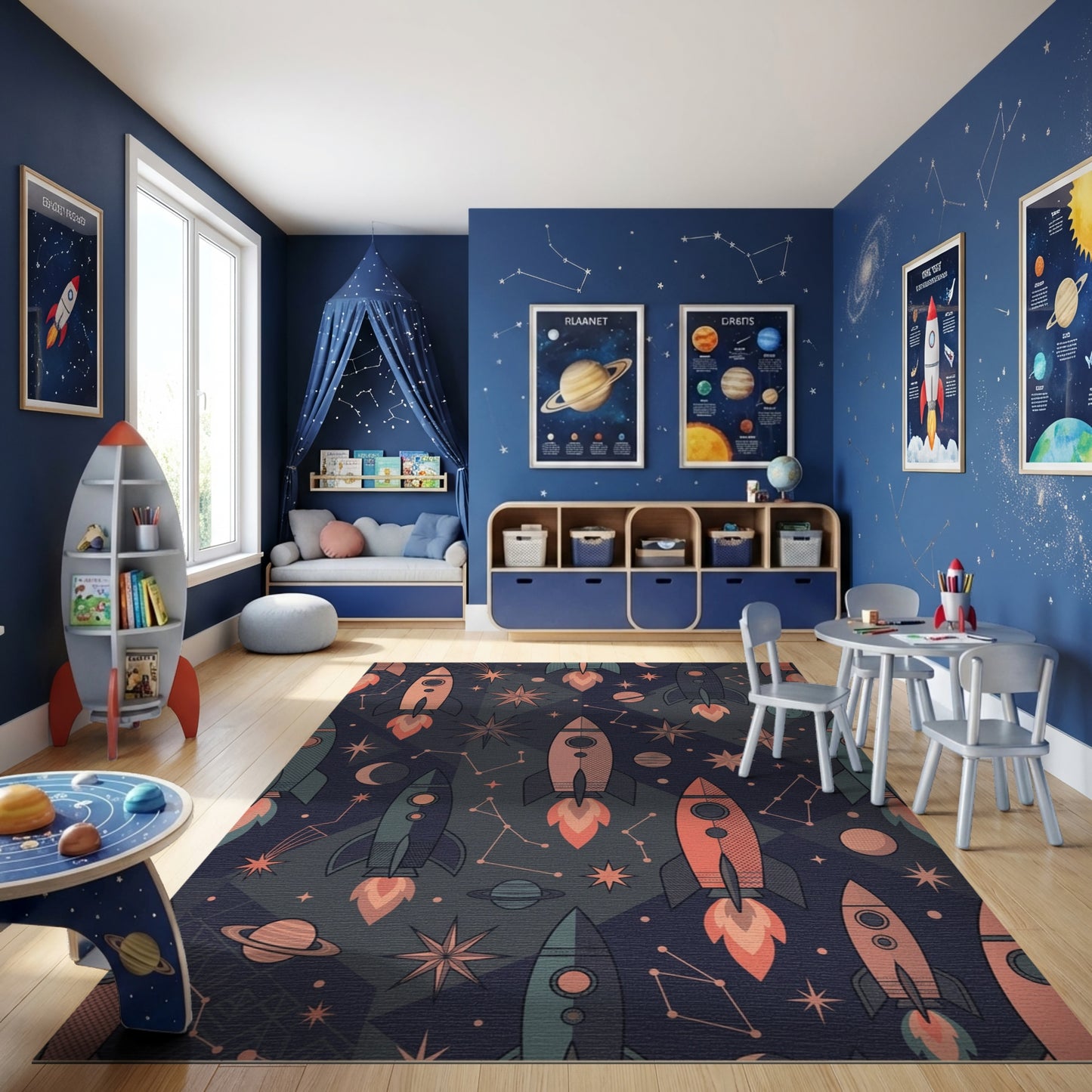 Cosmic Rocket Star Planet Navy Rug
