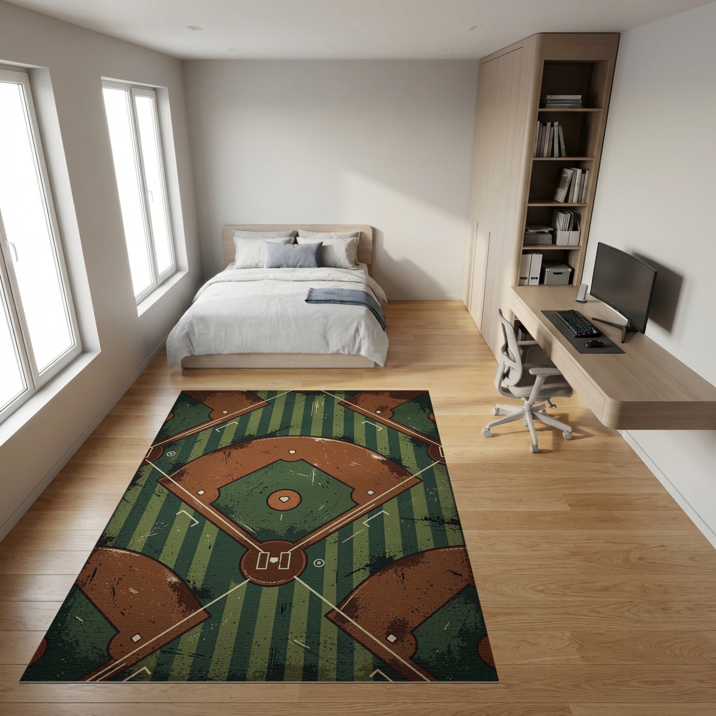 Vintage Distressed Baseball Diamond Pattern Rug