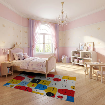 Playful Geometric Smiling Faces Rug