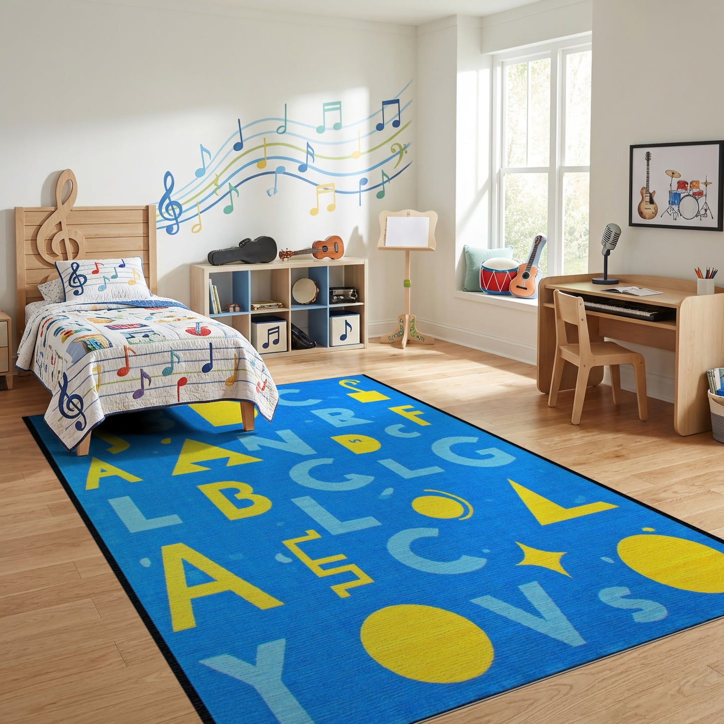Playful Bold Yellow Alphabet Blue Rug