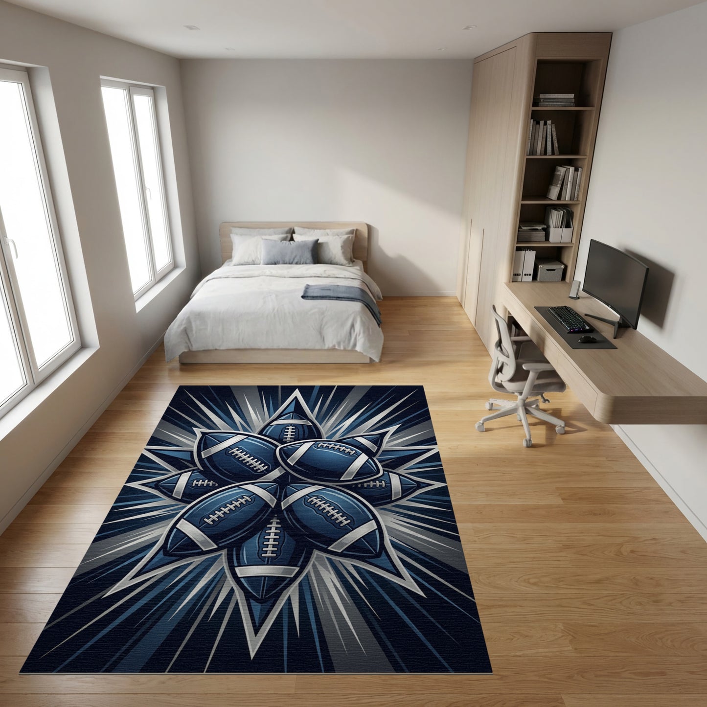 Dynamic Navy Football Starburst Rug