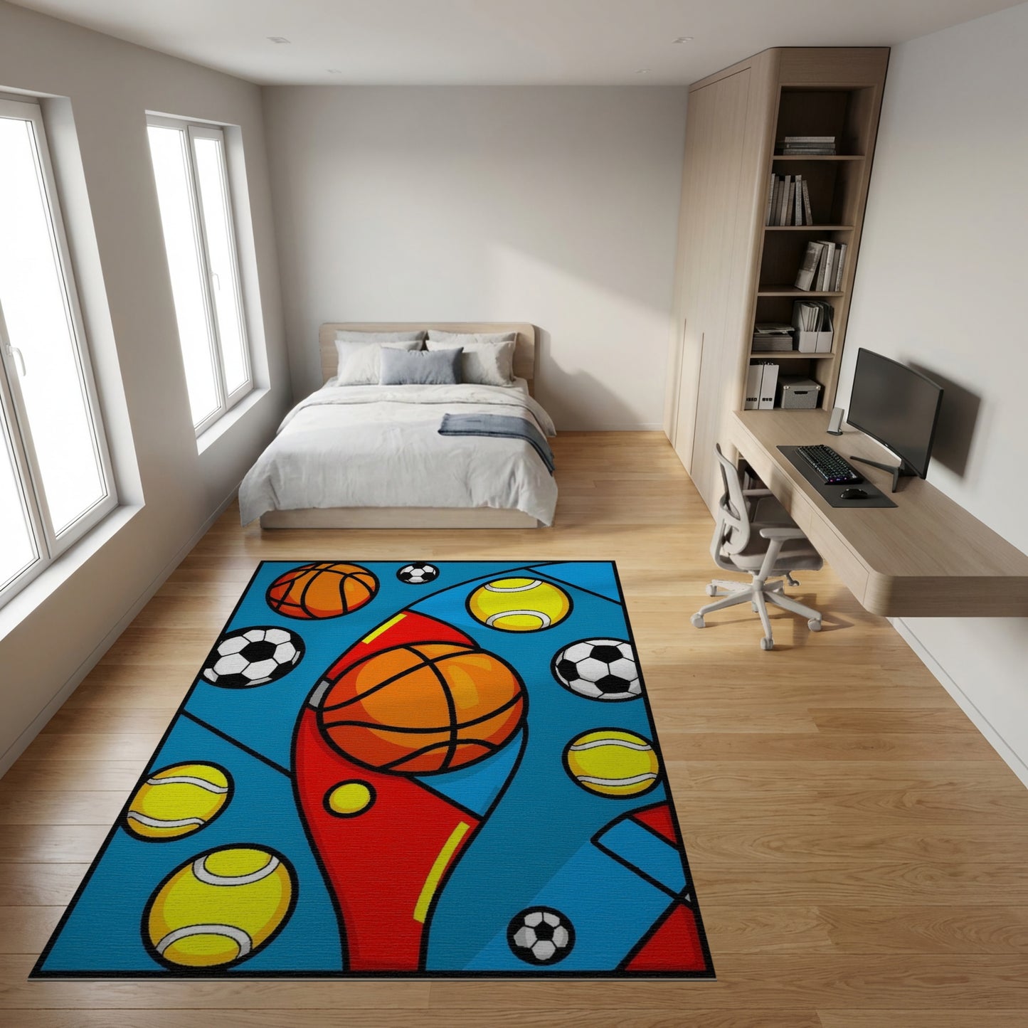 Vibrant Geometric Sports Balls Rug
