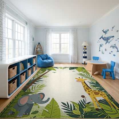 Playful Jungle Giraffe Elephant Palm Rug