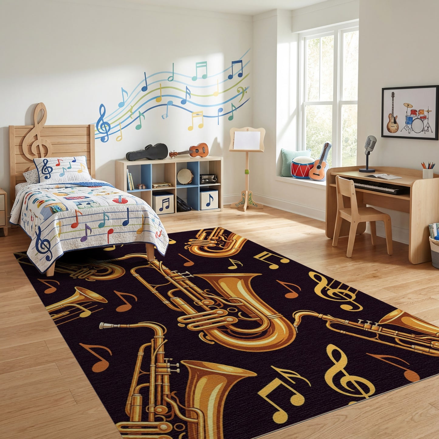 Golden Saxophones Music Notes Black Rug