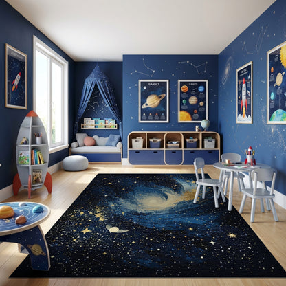 Navy Galaxy Swirl Stars Moon Rug