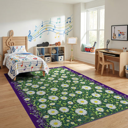 Lush White Daisies Green Meadow Purple Rug