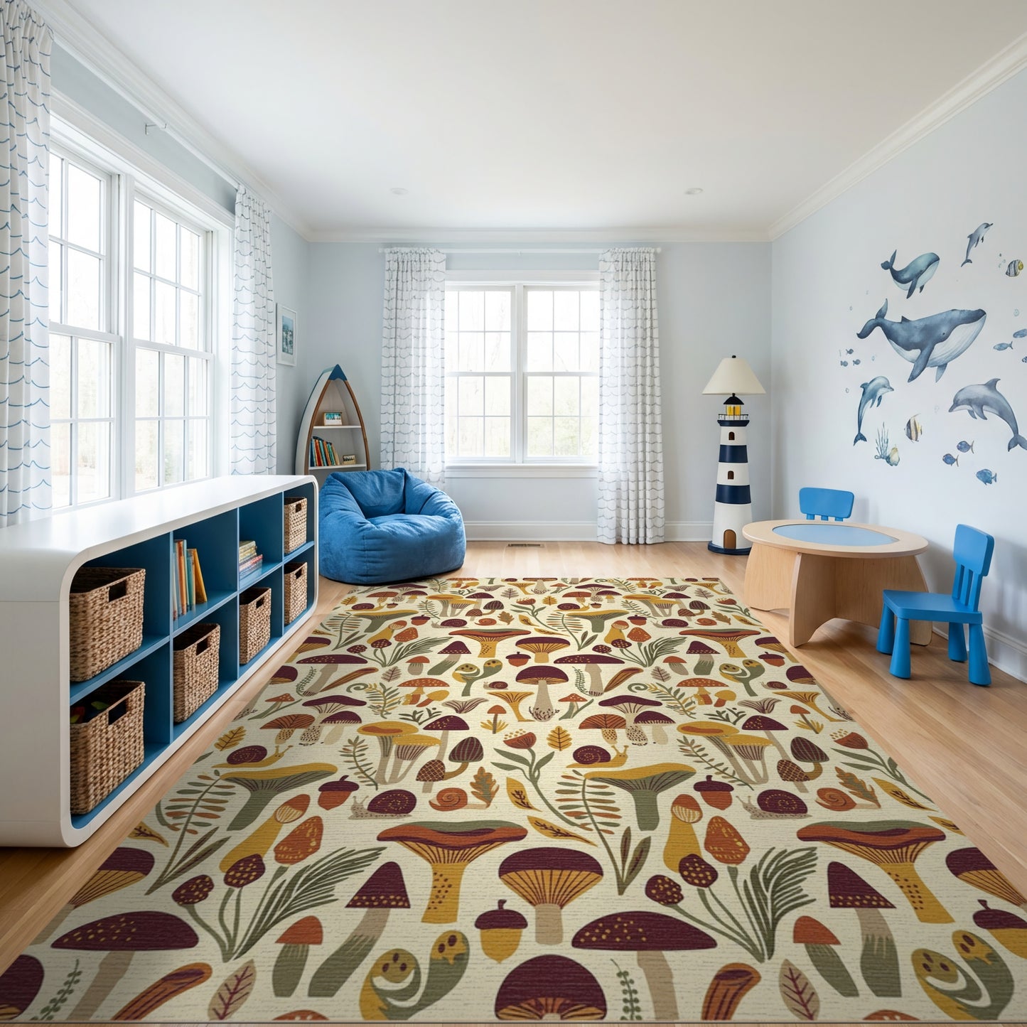 Whimsical Mushroom Fern Acorn Snail Rug