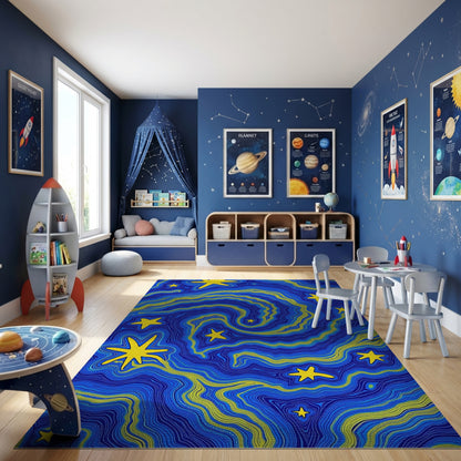 Bold Yellow Stars Swirling Navy Waves Rug