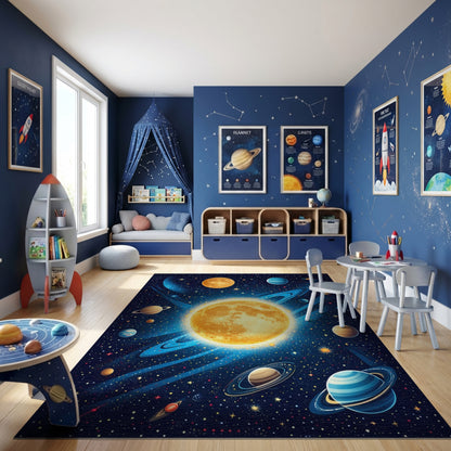 Vibrant Golden Cosmic Planets Stars Rug