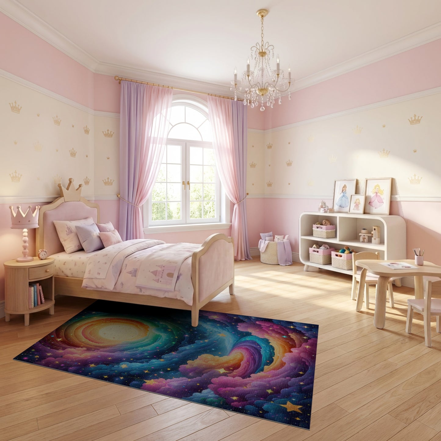 Dreamy Rainbow Swirl Clouds Stars Rug
