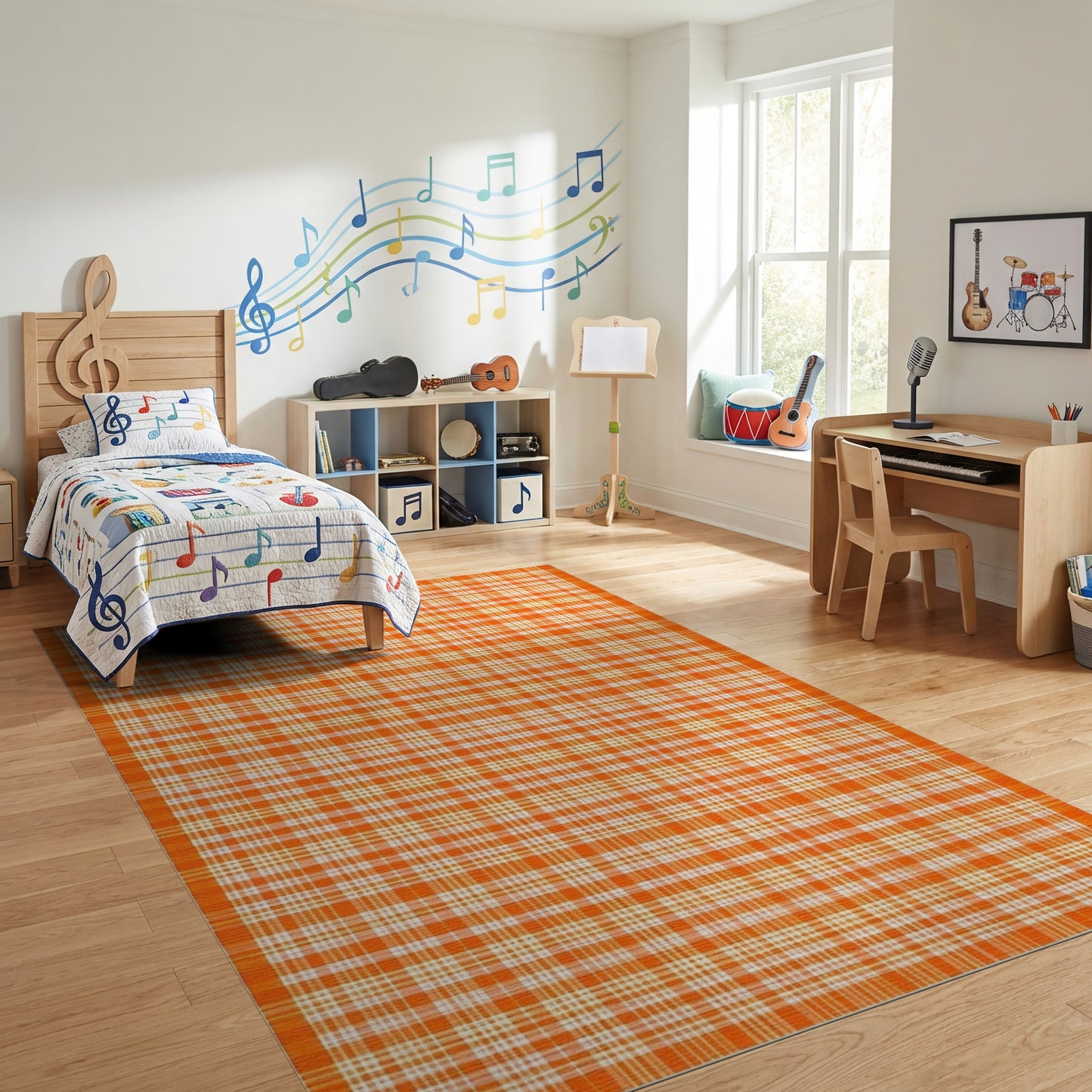 Vibrant Orange and White Plaid Rug