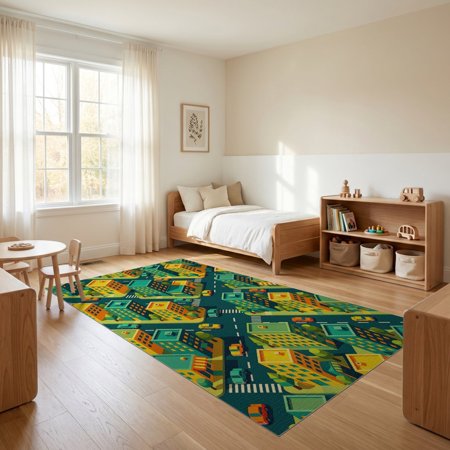 Vibrant Isometric Teal Yellow Cityscape Rug