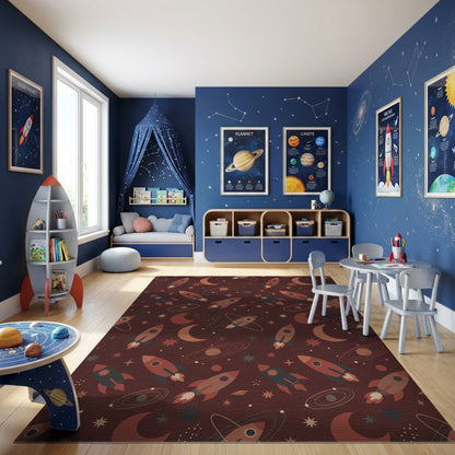 Maroon Cosmic Rocket Moon Star Rug