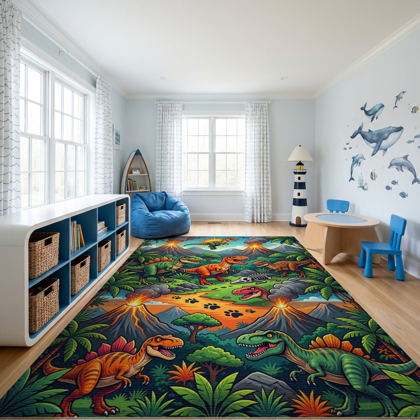 Vibrant Dinosaur Volcano Jungle Rug