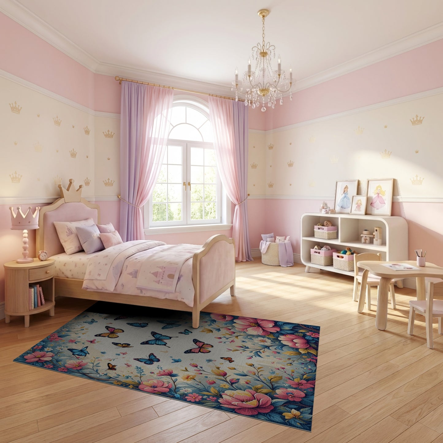 Pink Blue Butterfly Floral Whimsical Rug