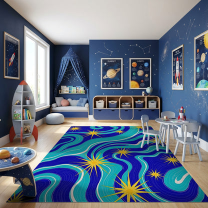 Navy Teal Wavy Yellow Stars Rug