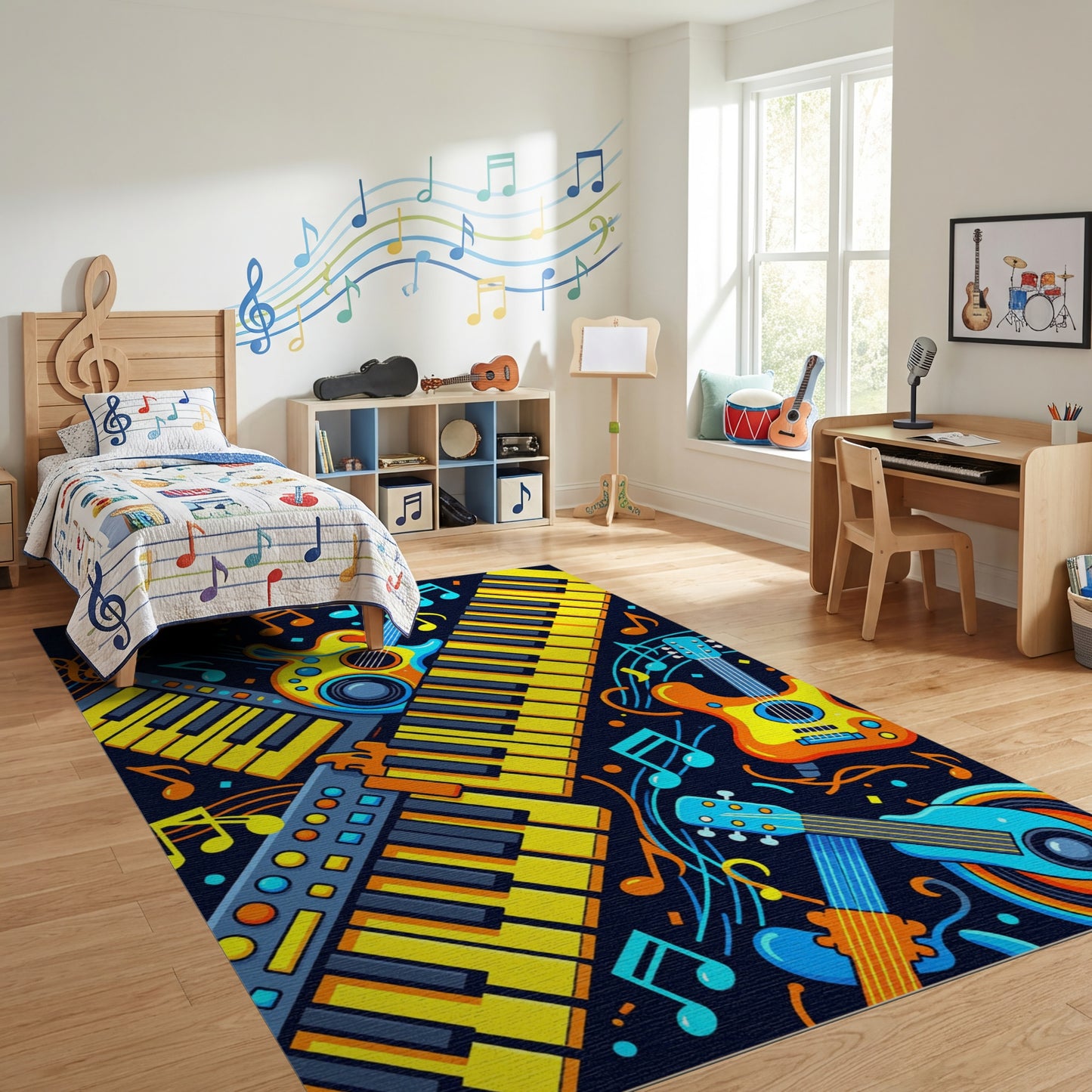Vibrant Yellow Guitars Keyboards Notes Rug