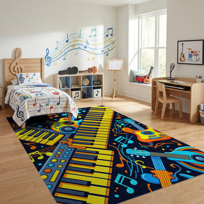 Vibrant Yellow Guitars Keyboards Notes Rug