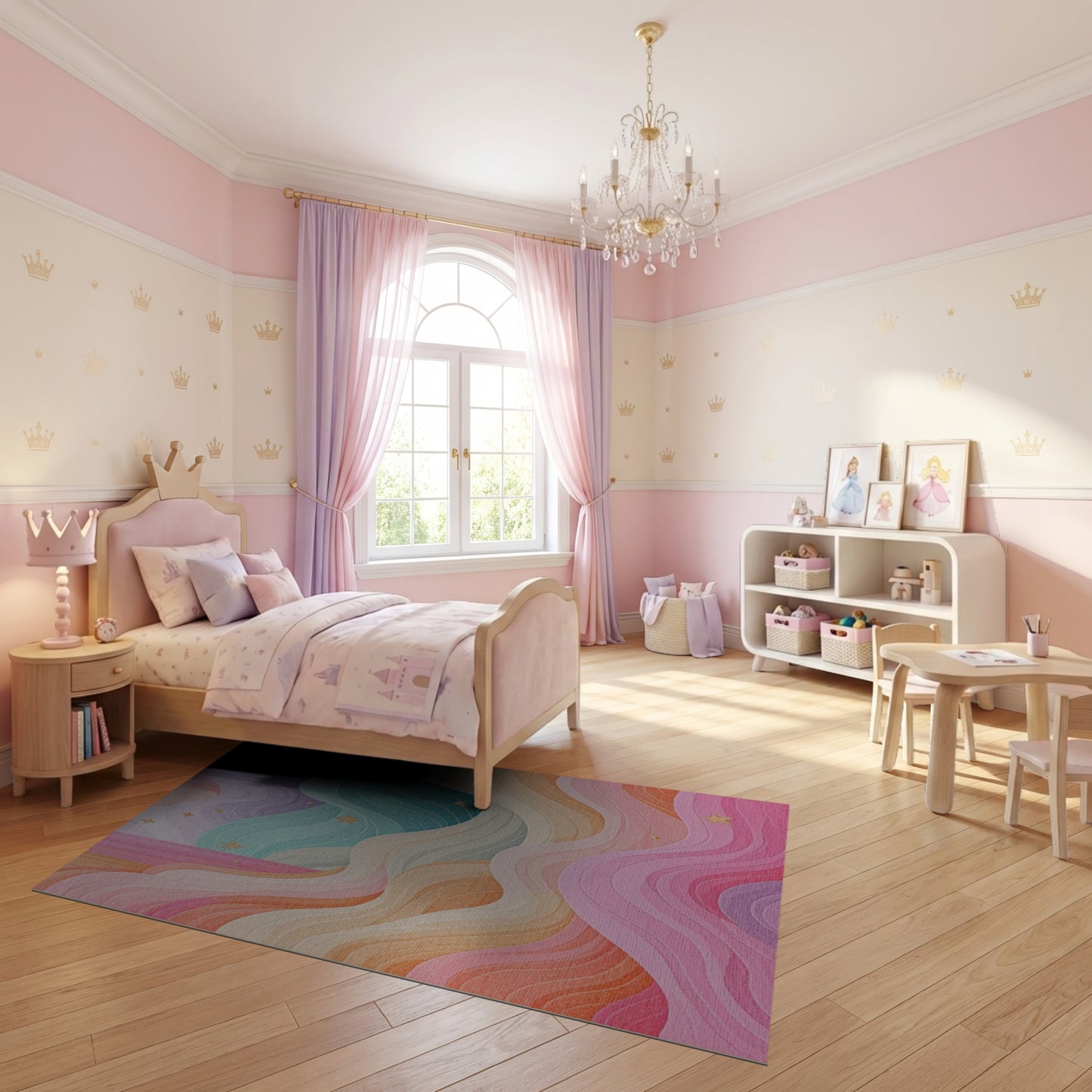 Pastel Wavy Layers Gold Stars Rug