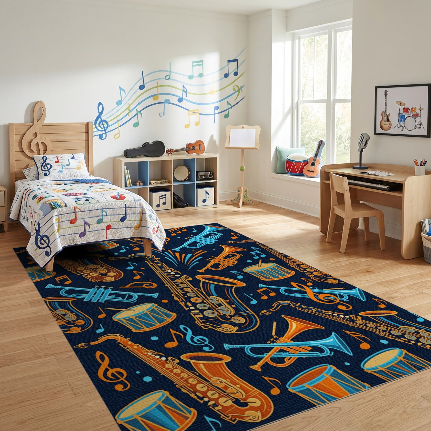 Vibrant Saxophone Trumpet Drum Notes Rug