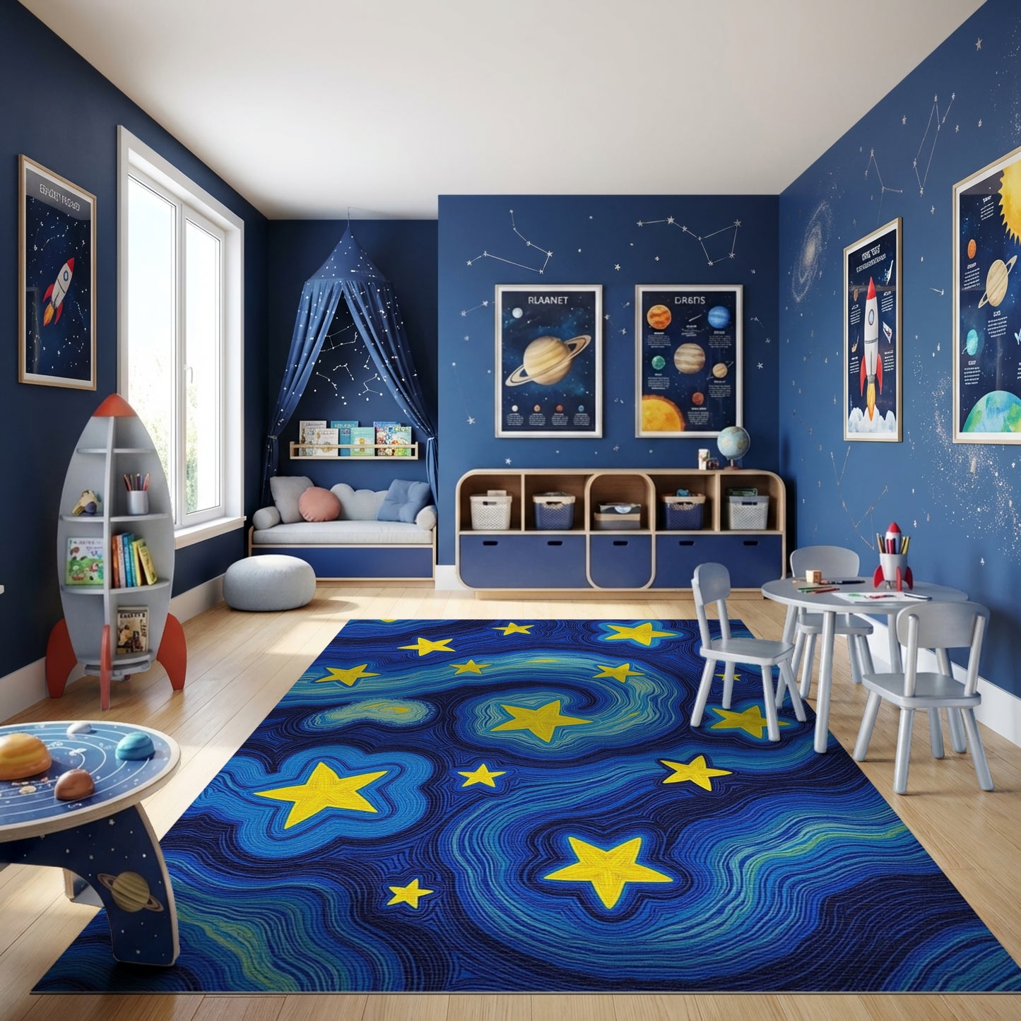 Swirling Yellow Stars Deep Blue Rug