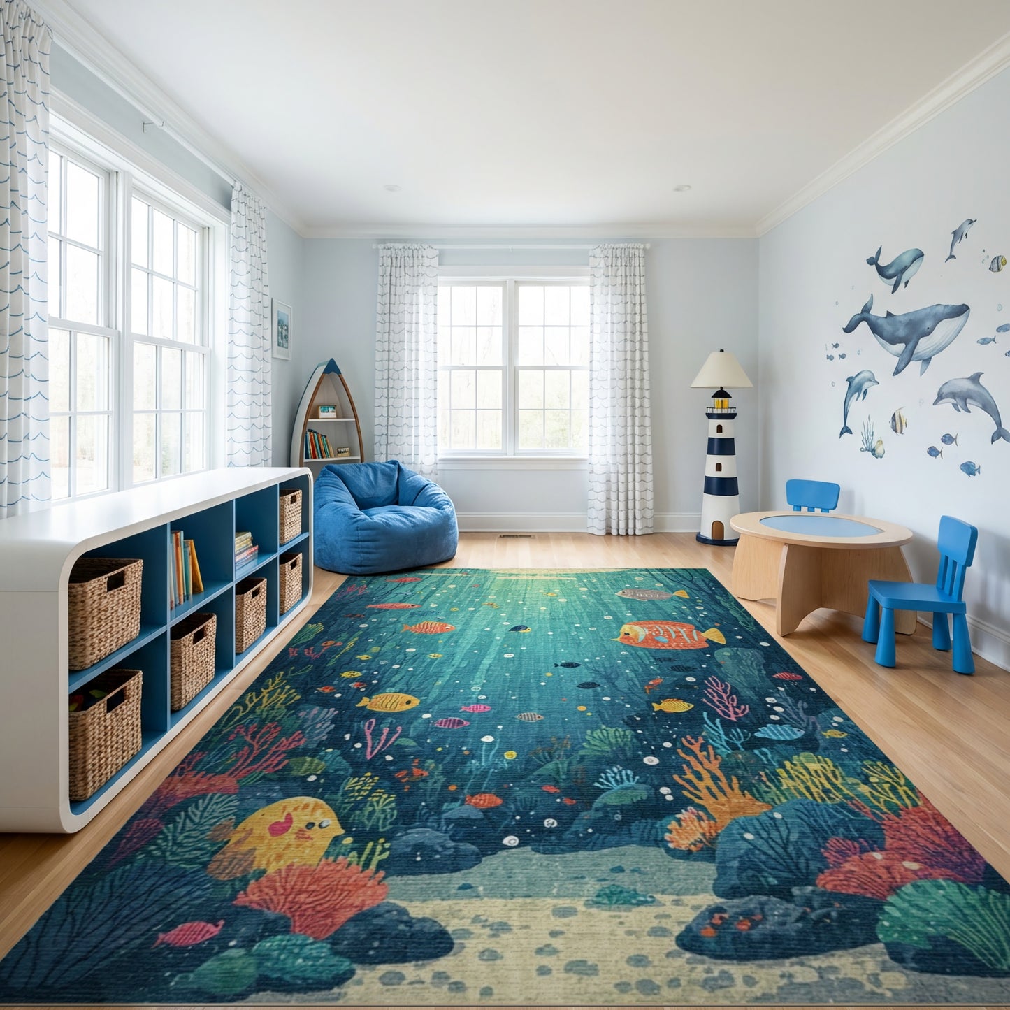 Whimsical Teal Fish Coral Sunbeam Rug