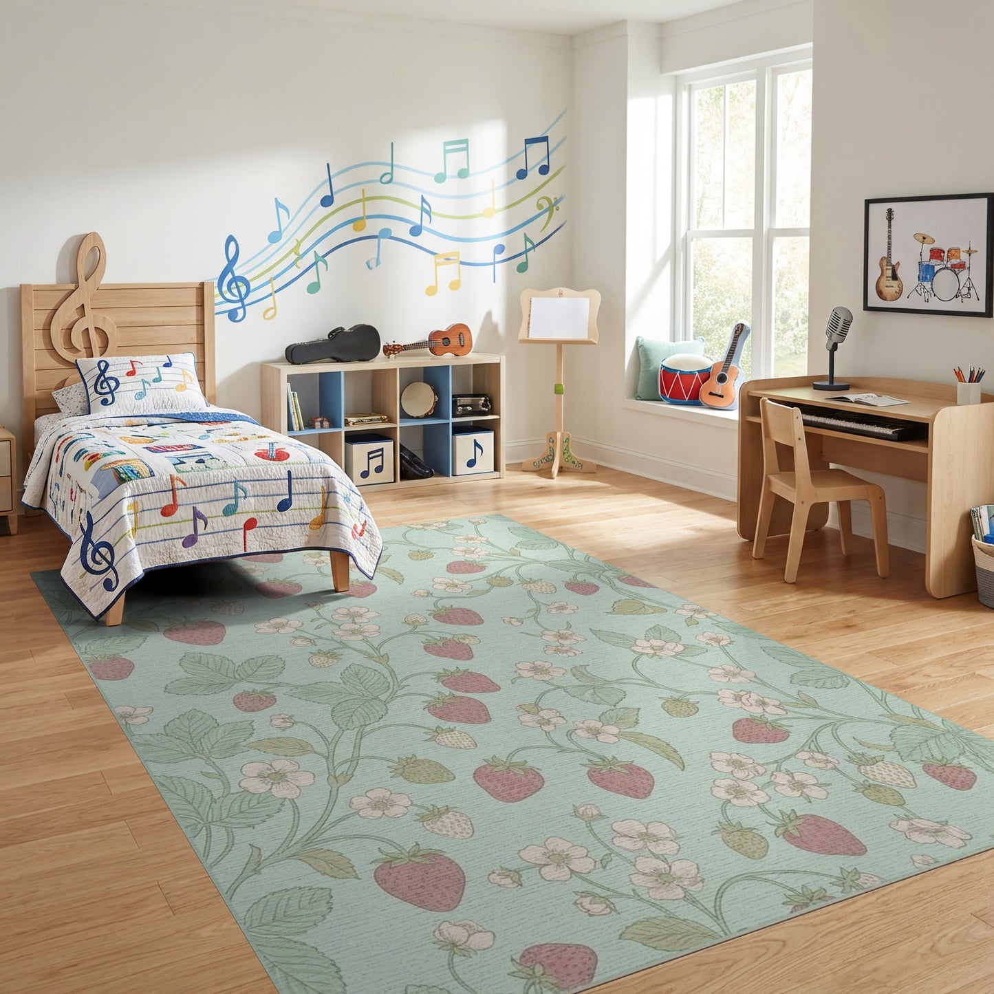 Whimsical Pastel Strawberry Floral Vine Rug