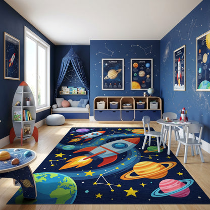 Whimsical Space Rockets Planets Stars Rug