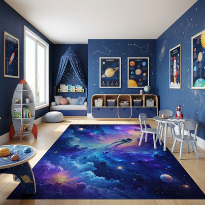 Vibrant Cosmic Astronaut Nebula Rug