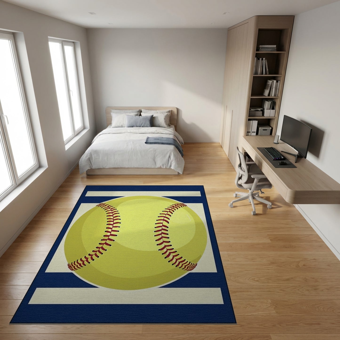 Yellow Softball Navy White Striped Rug