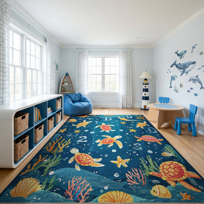 Vibrant Orange Turtles Bubbles Stars Rug